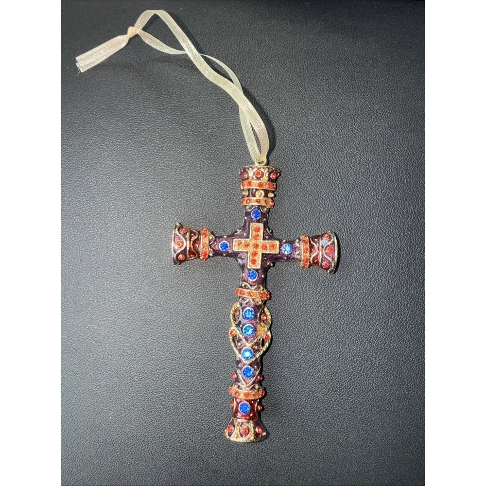 Jeweled Cross Ornament Gold Tone Blue Green Stones Rhinestones 4x5